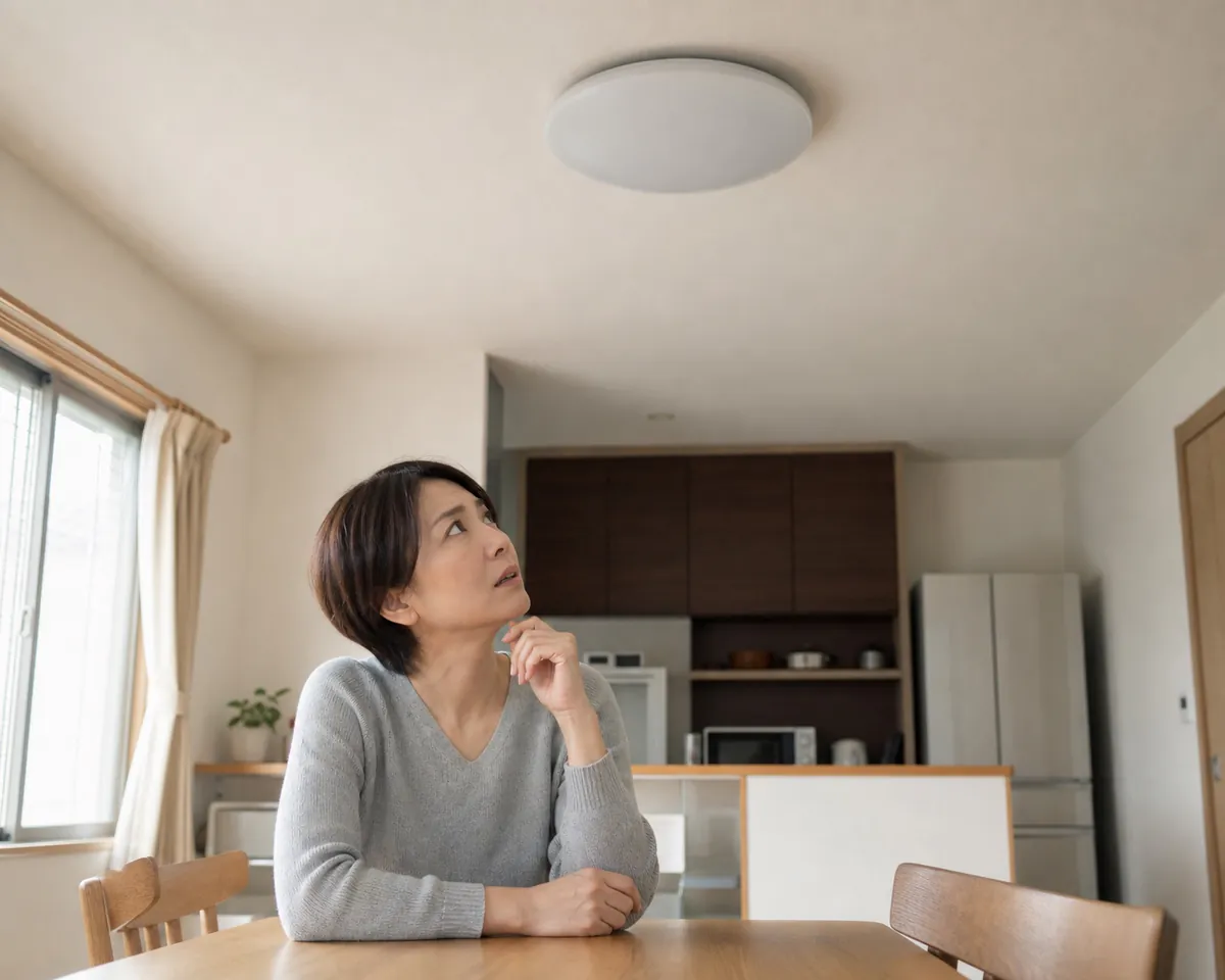 自宅の照明を見上げて困っているお客様のイメージ